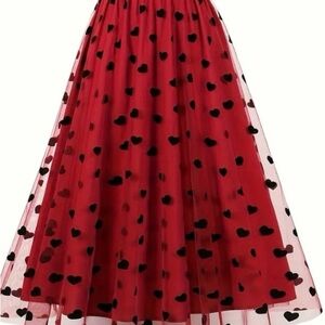 Elegant Red Heart Pattern Tulle Skirt